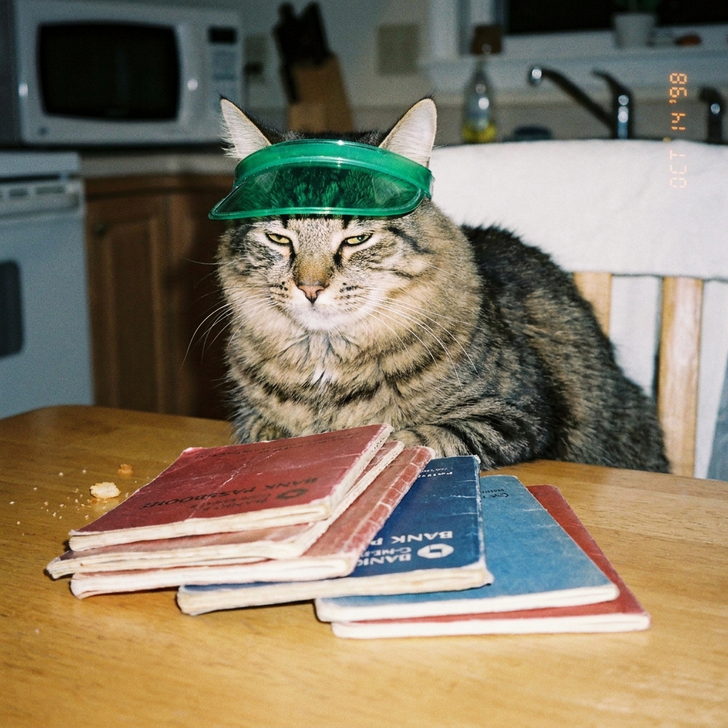 A grumpy tabby cat wearing a green accountant's visor, sitting behind a stack of bank passbooks